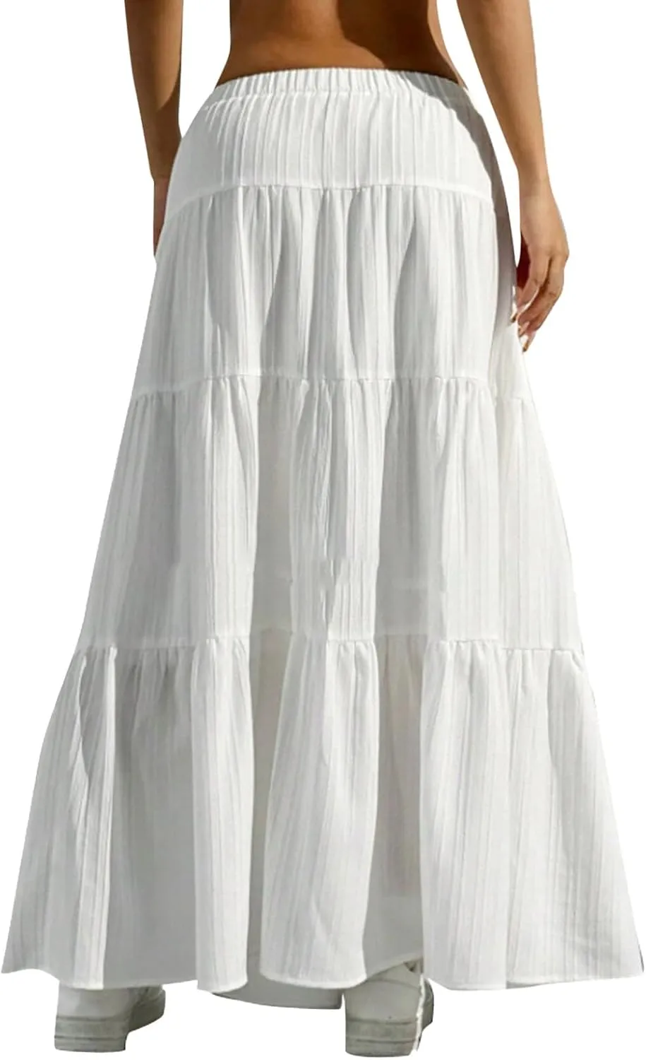Women's Fashion Elastic Waist Tie Belt Loose A Line Skirt Button Midi Skirt