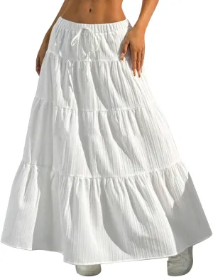 Women's Fashion Elastic Waist Tie Belt Loose A Line Skirt Button Midi Skirt