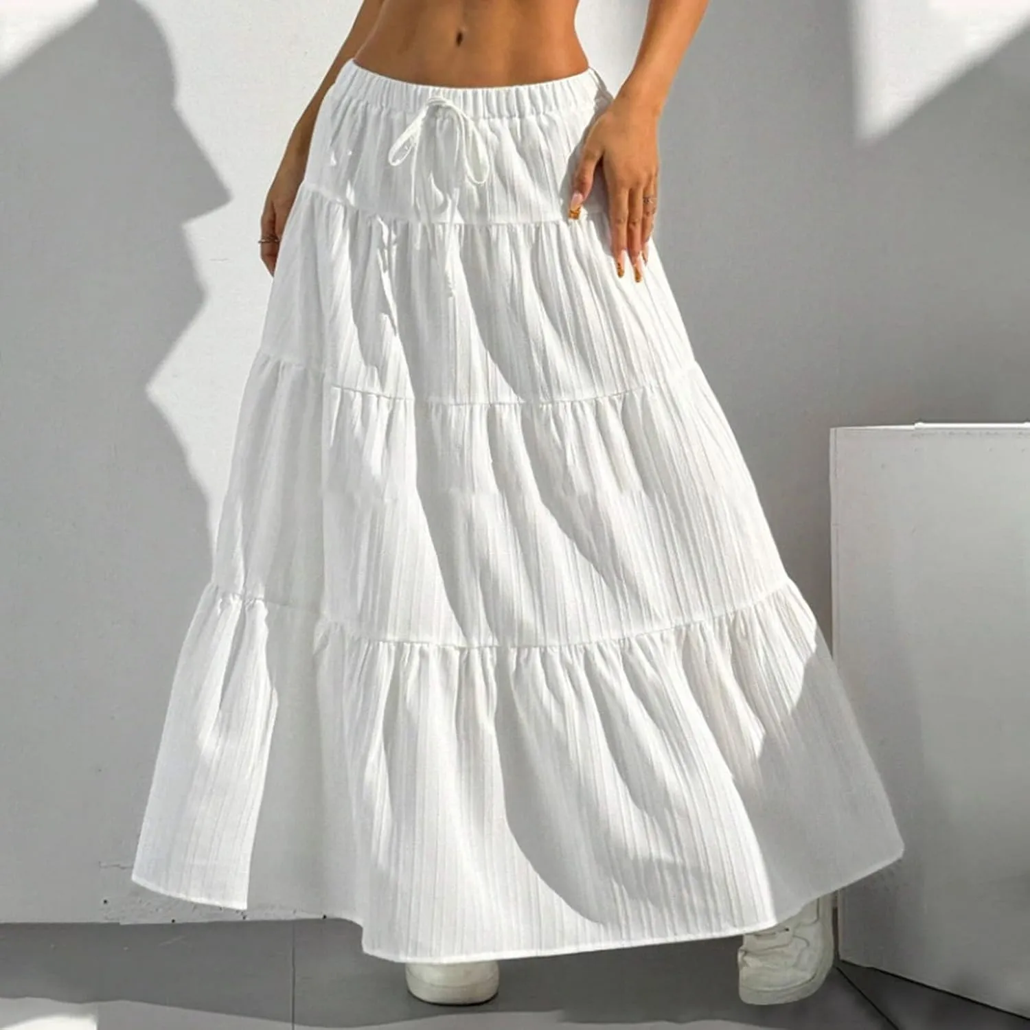 Women's Fashion Elastic Waist Tie Belt Loose A Line Skirt Button Midi Skirt