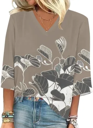 Women's Fashionable Loose Fitting Square Neck Short Sleeved Boho with Floral Print Going Out Tops for Women