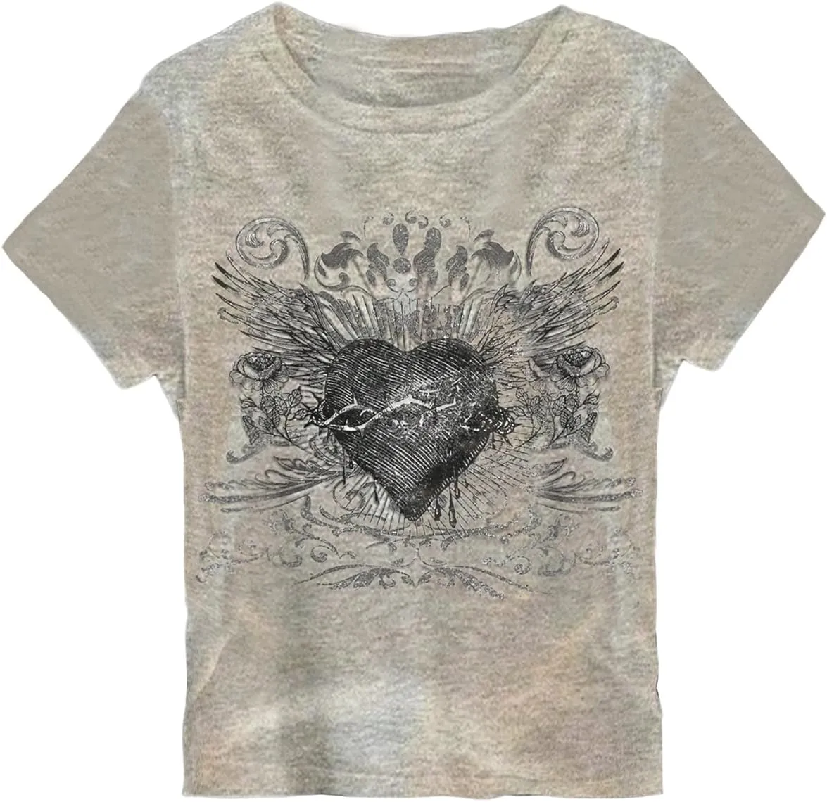 Women's Gothic Heart Graphic Tees Short Sleeve Crew Neck Slim Fit T Shirt Vintage Y2K Tops
