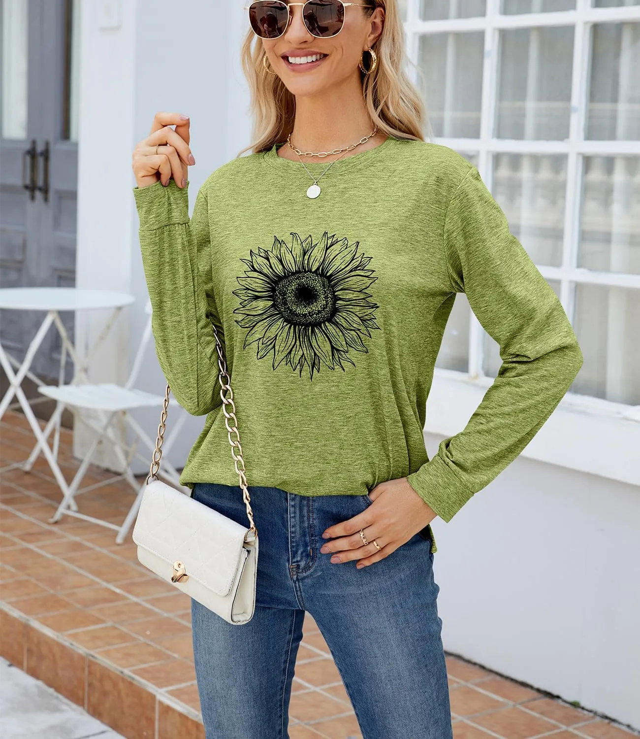 Women's Graphic T Shirts Long Sleeve Tees Sunflower Crewneck Casual Loose Fall Tunic Tops