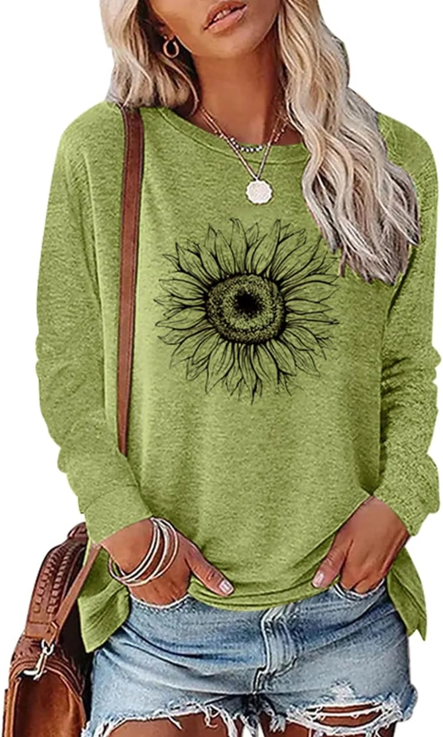Women's Graphic T Shirts Long Sleeve Tees Sunflower Crewneck Casual Loose Fall Tunic Tops