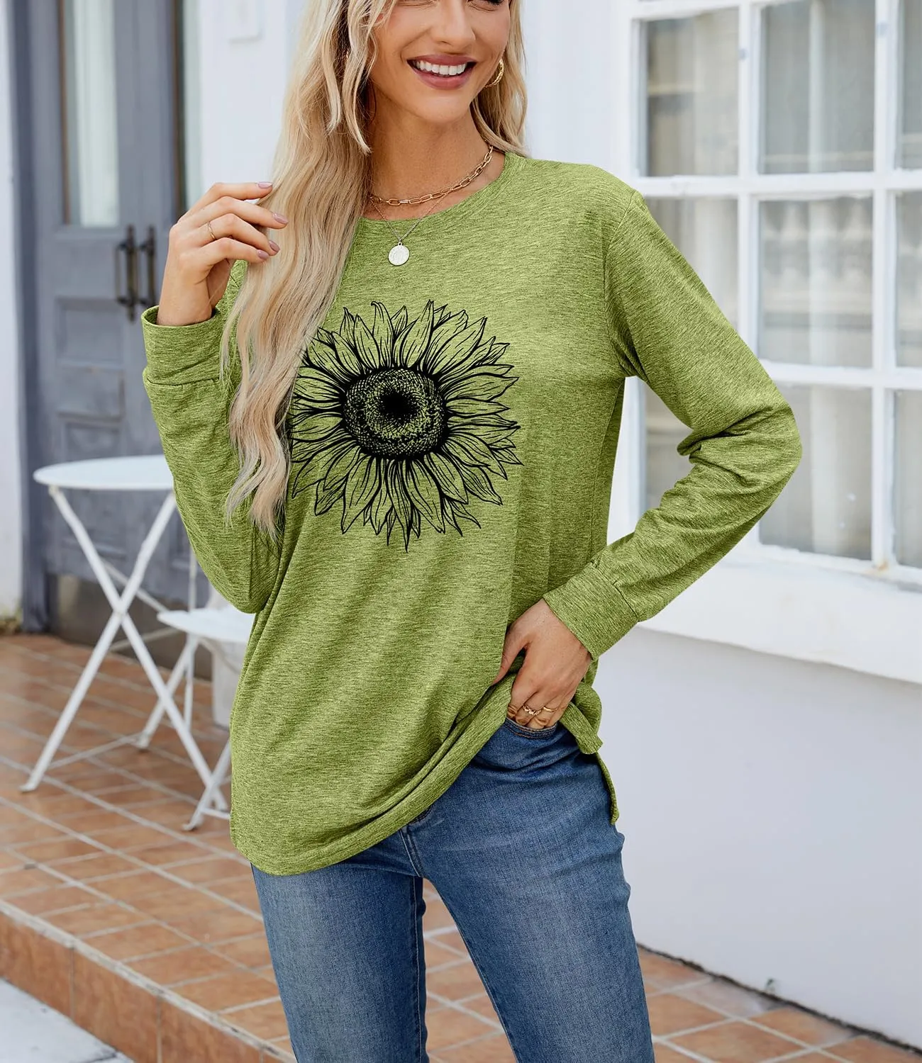 Women's Graphic T Shirts Long Sleeve Tees Sunflower Crewneck Casual Loose Fall Tunic Tops