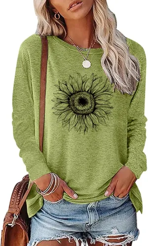 Women's Graphic T Shirts Long Sleeve Tees Sunflower Crewneck Casual Loose Fall Tunic Tops