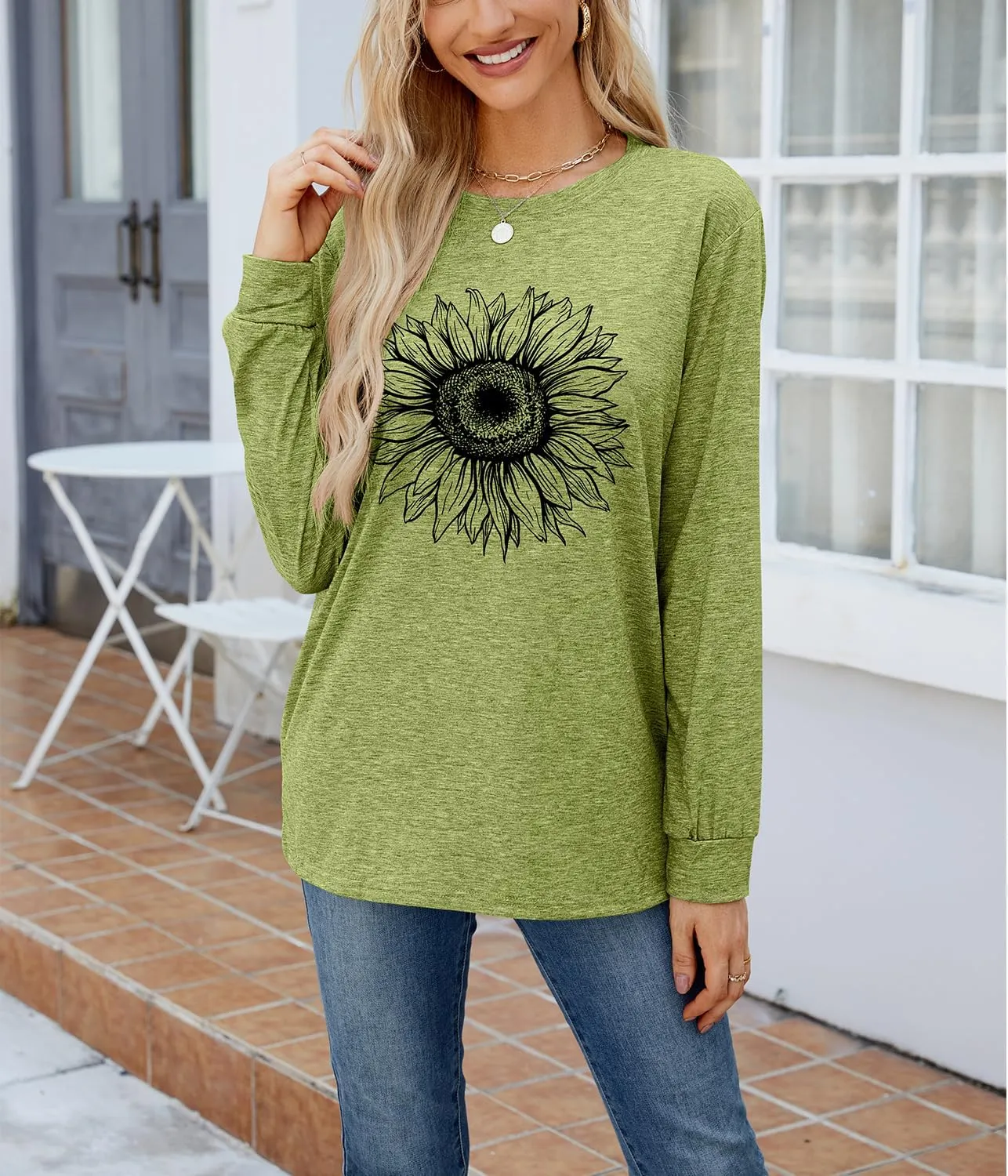 Women's Graphic T Shirts Long Sleeve Tees Sunflower Crewneck Casual Loose Fall Tunic Tops