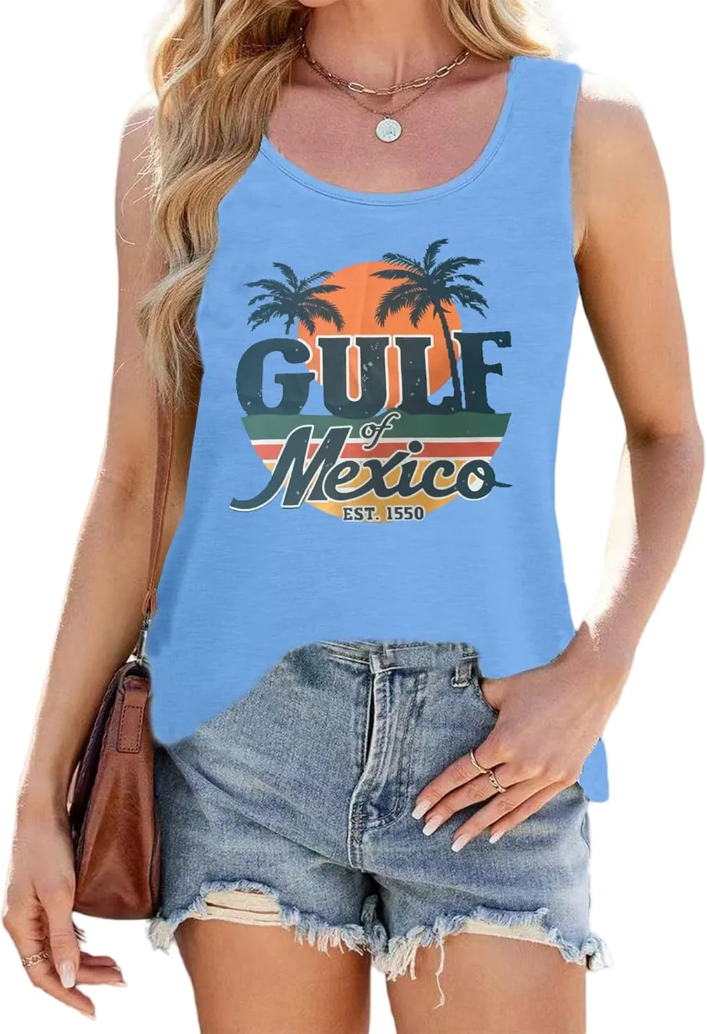 Women's Gulf of Mexico Tank Tops Vintage Coconut Tree Graphic Tees Sleeveless Beach T Shirts