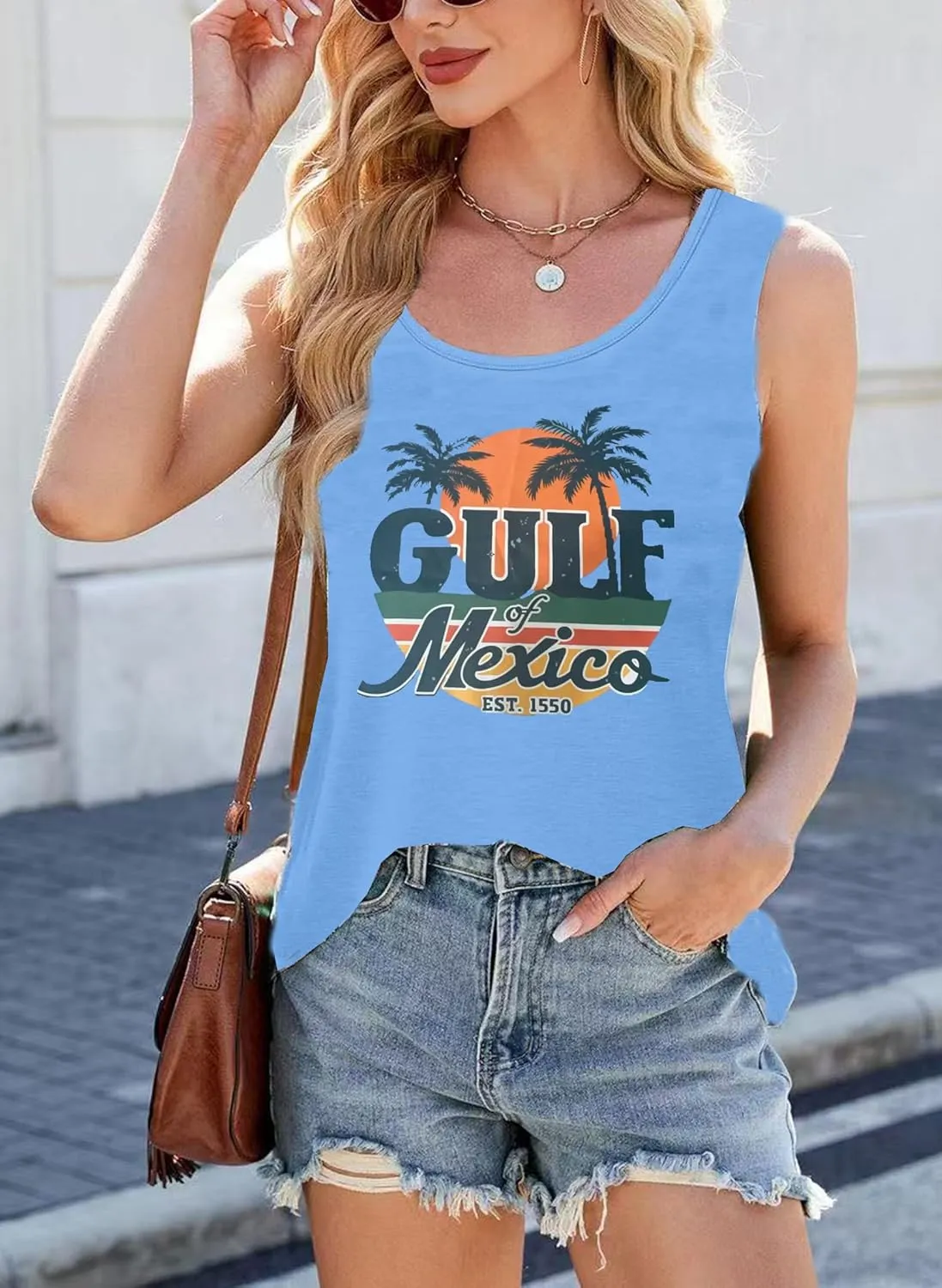 Women's Gulf of Mexico Tank Tops Vintage Coconut Tree Graphic Tees Sleeveless Beach T Shirts