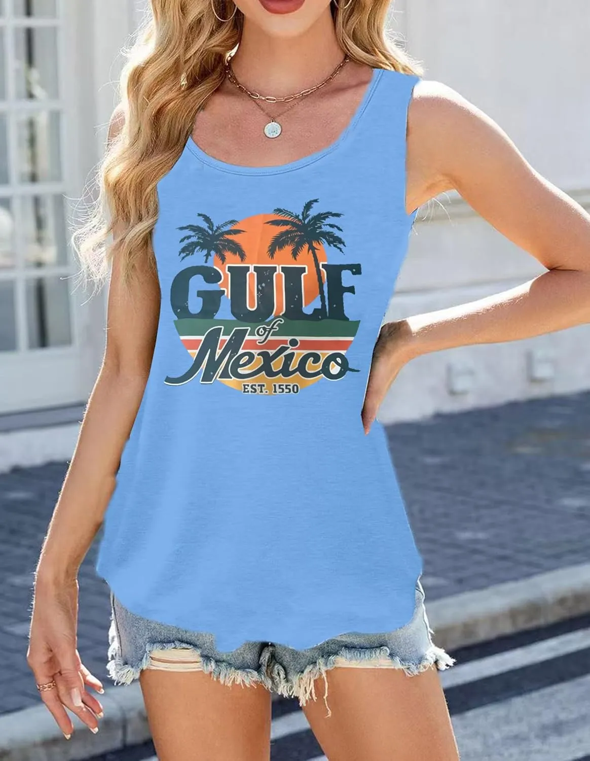 Women's Gulf of Mexico Tank Tops Vintage Coconut Tree Graphic Tees Sleeveless Beach T Shirts