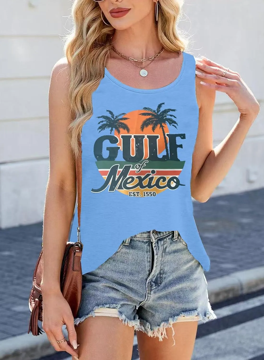 Women's Gulf of Mexico Tank Tops Vintage Coconut Tree Graphic Tees Sleeveless Beach T Shirts