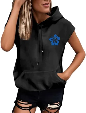 Womens Hawaii Hooded Tank Top,Palm Graphic Print Cap Sleeve Athletic Exercise Loose Fit Casual Oversized Hoodie Vest