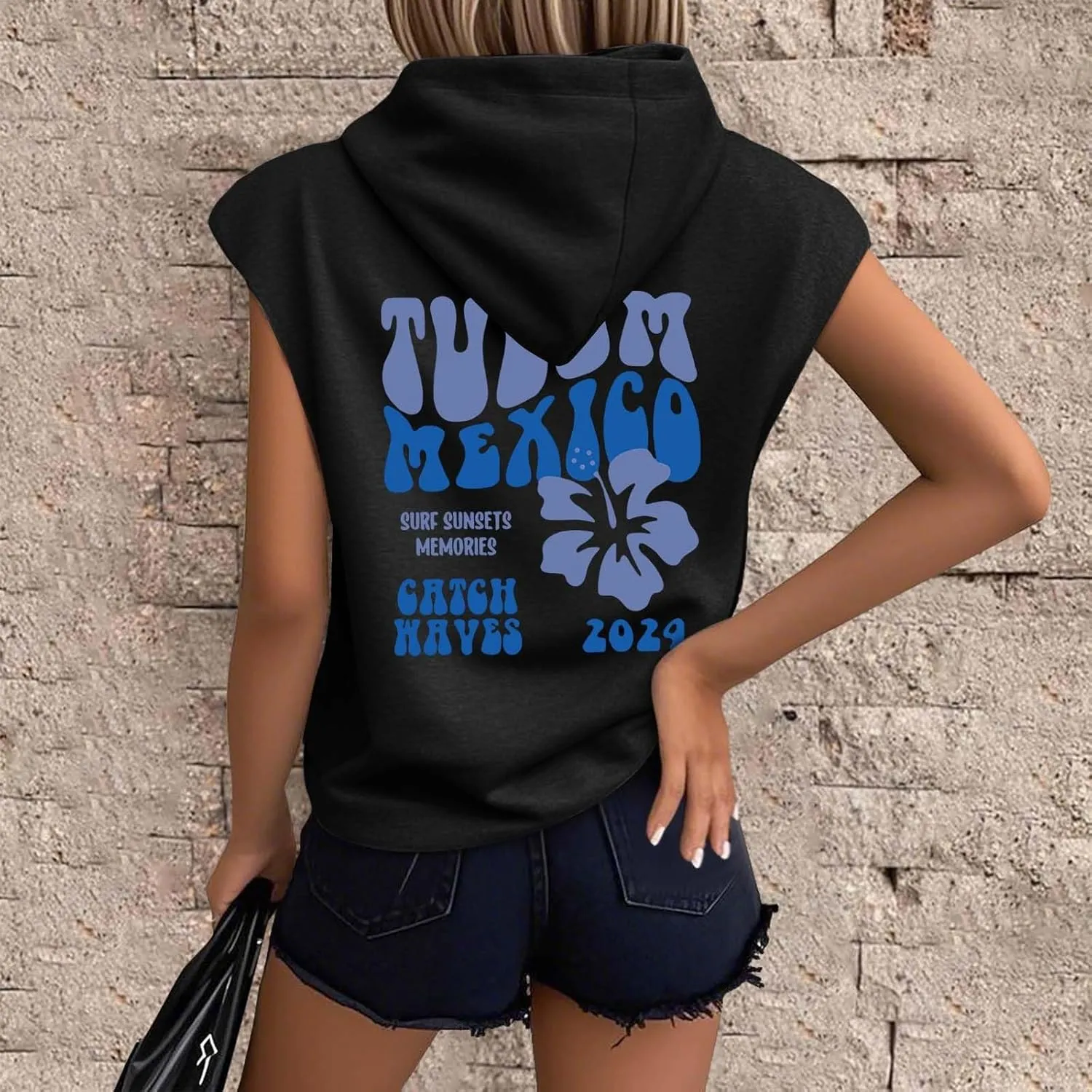 Womens Hawaii Hooded Tank Top,Palm Graphic Print Cap Sleeve Athletic Exercise Loose Fit Casual Oversized Hoodie Vest