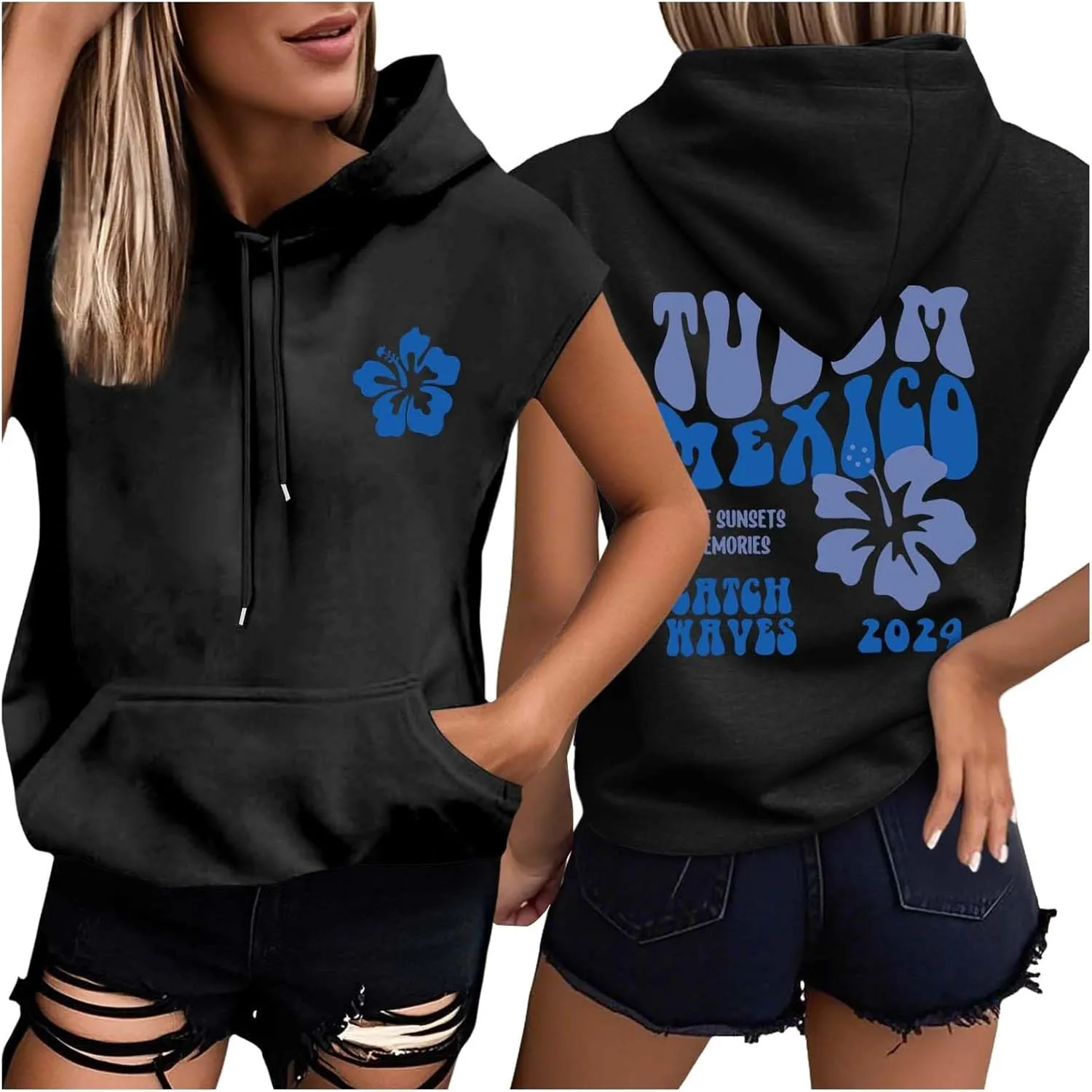 Womens Hawaii Hooded Tank Top,Palm Graphic Print Cap Sleeve Athletic Exercise Loose Fit Casual Oversized Hoodie Vest