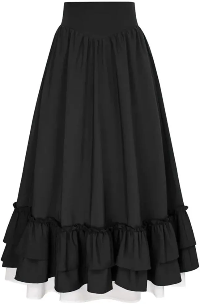Womens High Waist A-Line Skirts Double Layers Ruffle High Low Slim Fit Casual Midi Skirt