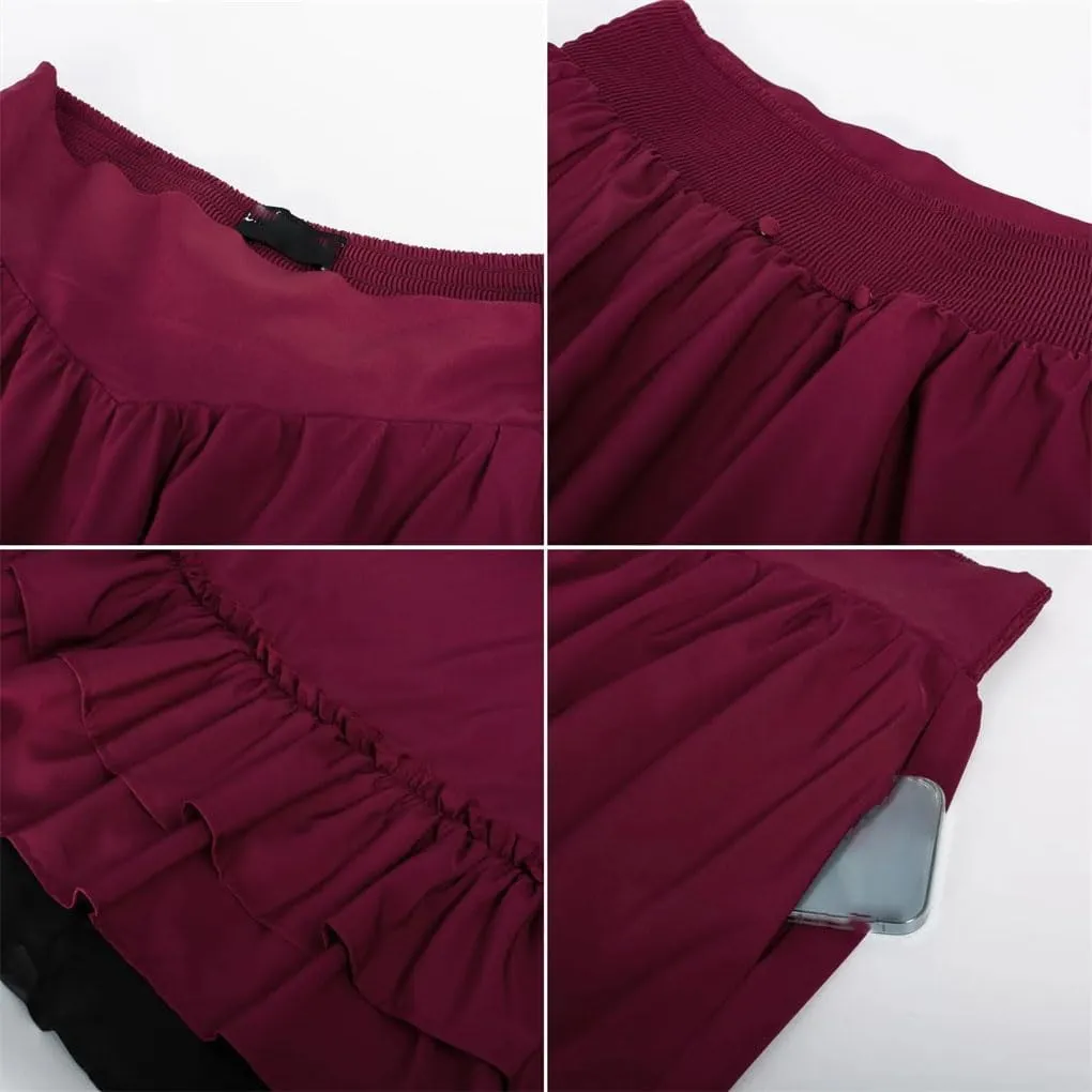 Womens High Waist A-Line Skirts Double Layers Ruffle High Low Slim Fit Casual Midi Skirt