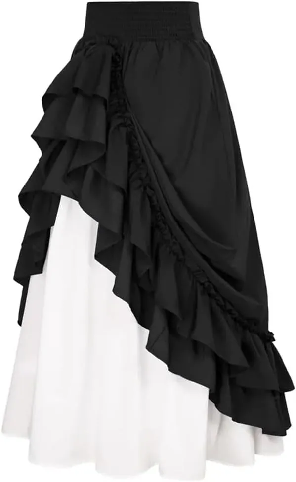 Womens High Waist A-Line Skirts Double Layers Ruffle High Low Slim Fit Casual Midi Skirt