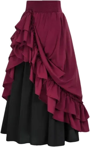 Womens High Waist A-Line Skirts Double Layers Ruffle High Low Slim Fit Casual Midi Skirt