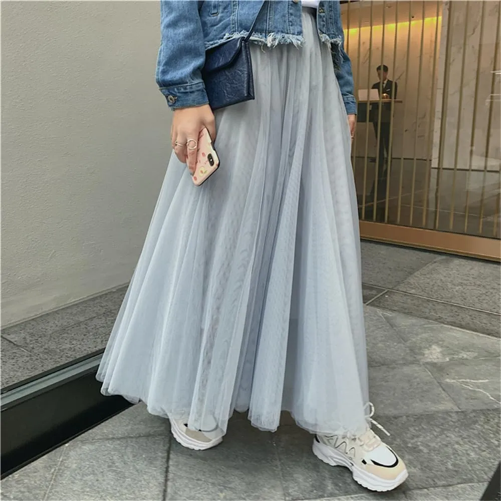 Women's High-Waisted Pleated Skirt with Elastic Waist Slim Midi Skirt Long Skirt with Two Layers of Mesh