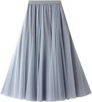 Women's High-Waisted Pleated Skirt with Elastic Waist Slim Midi Skirt Long Skirt with Two Layers of Mesh