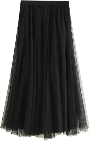 Women's High-Waisted Pleated Skirt with Elastic Waist Slim Midi Skirt Long Skirt with Two Layers of Mesh