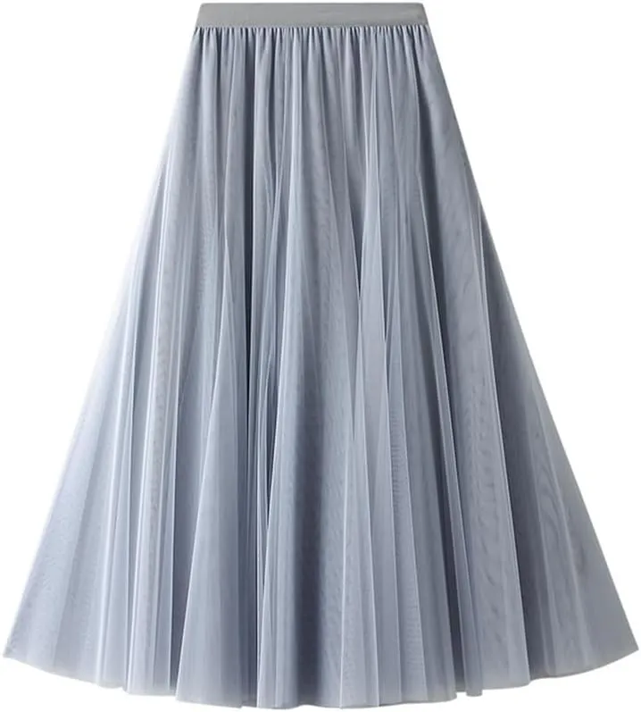 Women's High-Waisted Pleated Skirt with Elastic Waist Slim Midi Skirt Long Skirt with Two Layers of Mesh