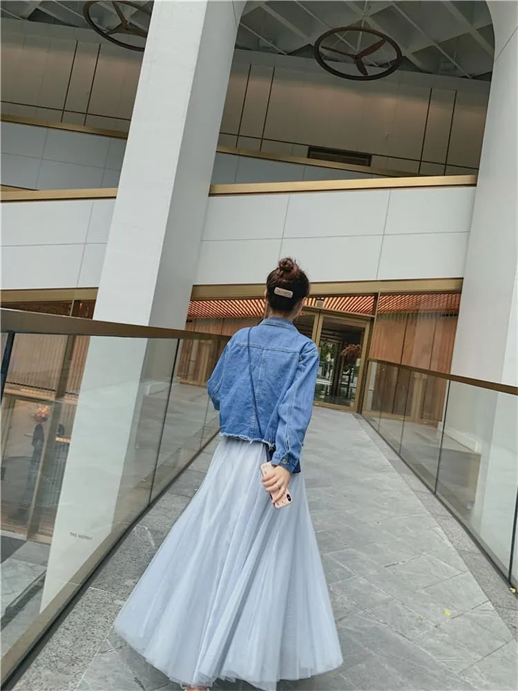 Women's High-Waisted Pleated Skirt with Elastic Waist Slim Midi Skirt Long Skirt with Two Layers of Mesh