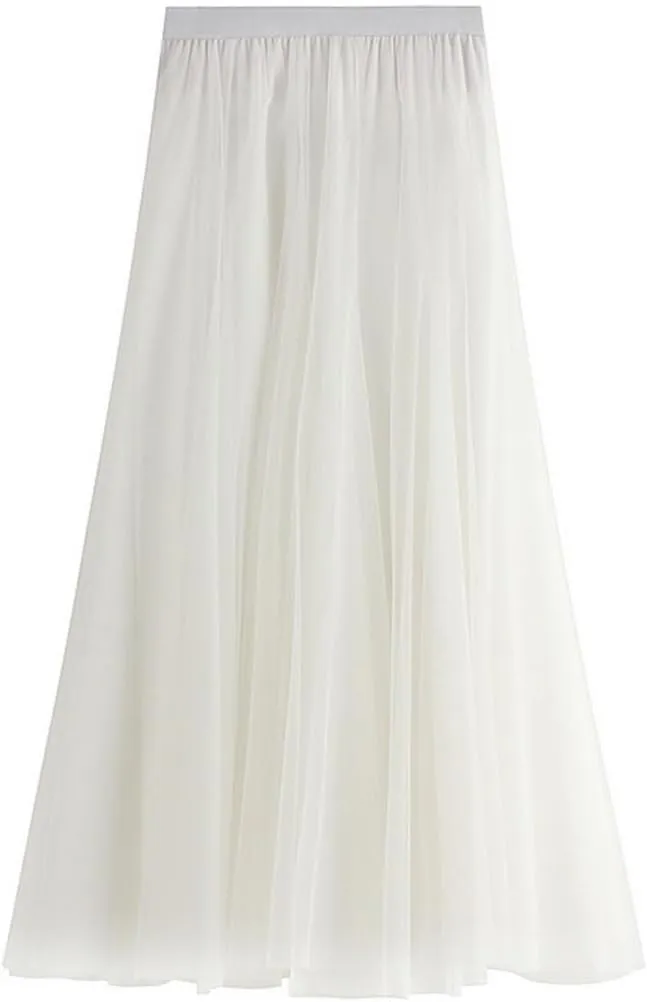 Women's High-Waisted Pleated Skirt with Elastic Waist Slim Midi Skirt Long Skirt with Two Layers of Mesh