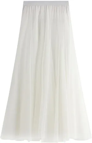 Women's High-Waisted Pleated Skirt with Elastic Waist Slim Midi Skirt Long Skirt with Two Layers of Mesh