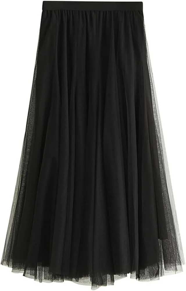 Women's High-Waisted Pleated Skirt with Elastic Waist Slim Midi Skirt Long Skirt with Two Layers of Mesh