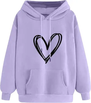 Women's Hooded Sweatshirts Long Sleeve Love Heart Graphic Print Pullover Cute Fleece Hoodies with Pocket