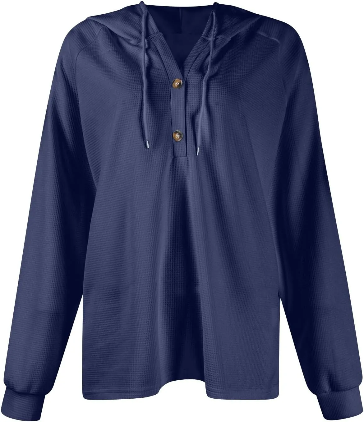 Womens Hoodies Waffle Knit Drawstring Long Sleeve Pullover Casual V Neck Oversized Button Up Sweatshirt Tops