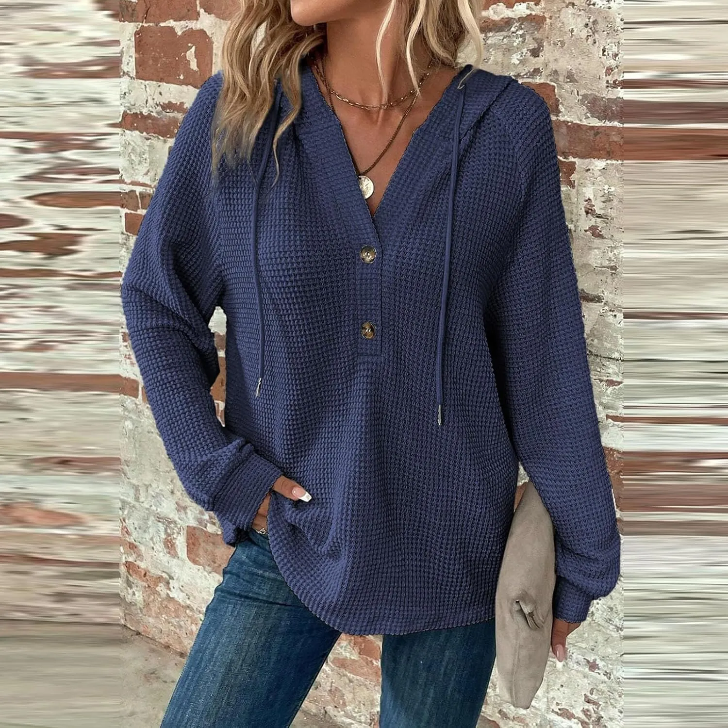 Womens Hoodies Waffle Knit Drawstring Long Sleeve Pullover Casual V Neck Oversized Button Up Sweatshirt Tops