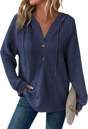 Womens Hoodies Waffle Knit Drawstring Long Sleeve Pullover Casual V Neck Oversized Button Up Sweatshirt Tops