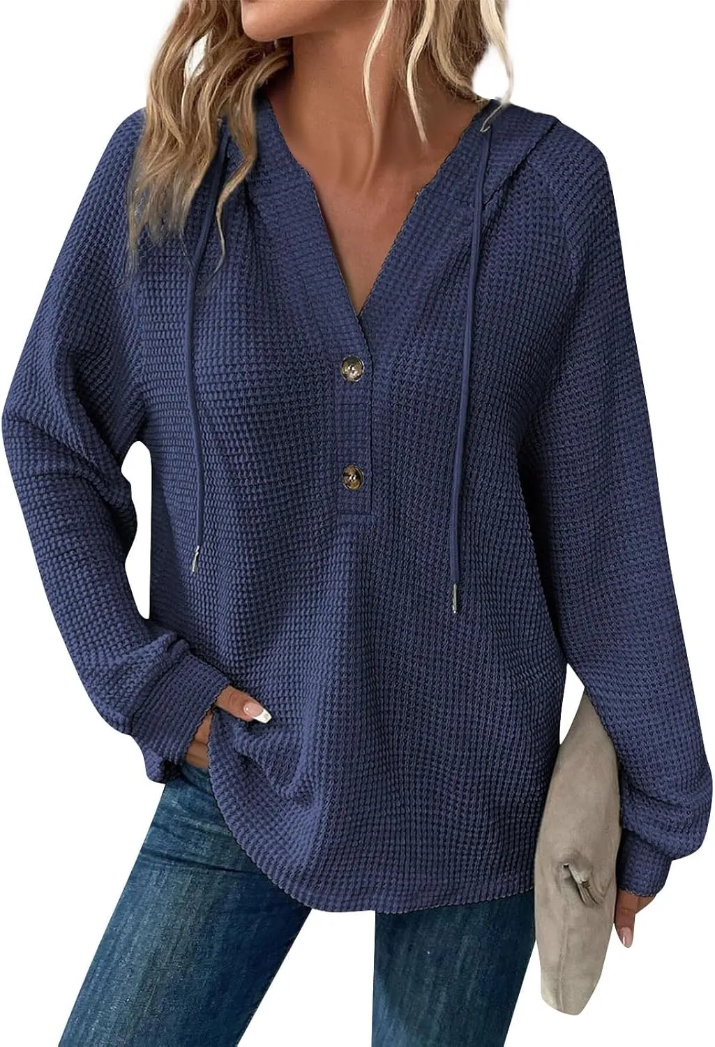 Womens Hoodies Waffle Knit Drawstring Long Sleeve Pullover Casual V Neck Oversized Button Up Sweatshirt Tops