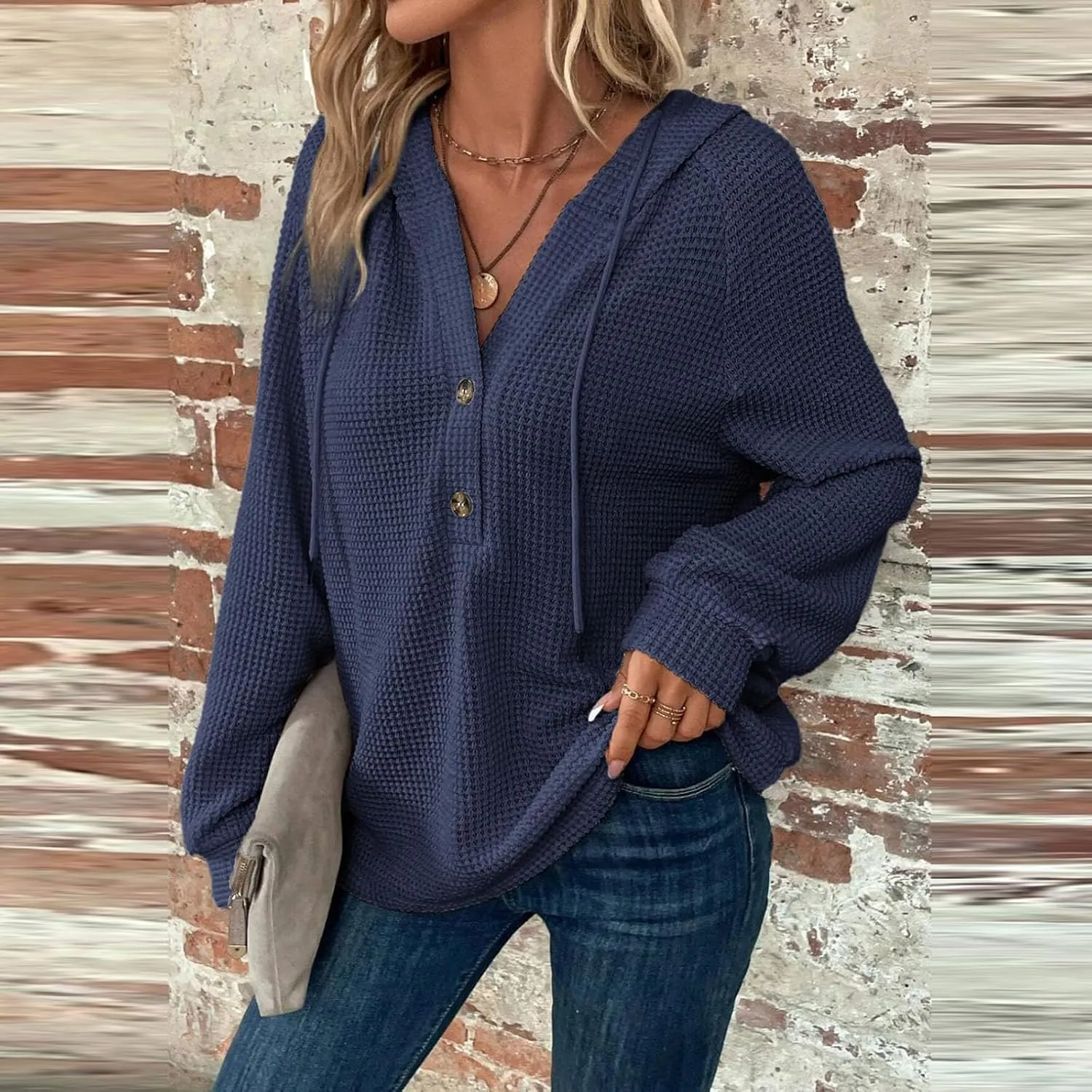 Womens Hoodies Waffle Knit Drawstring Long Sleeve Pullover Casual V Neck Oversized Button Up Sweatshirt Tops