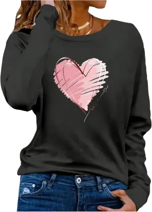 Women's Long Sleeve T Shirt Heart Print Crewneck Drop Shoulder Pullover Tops Vintage Tees