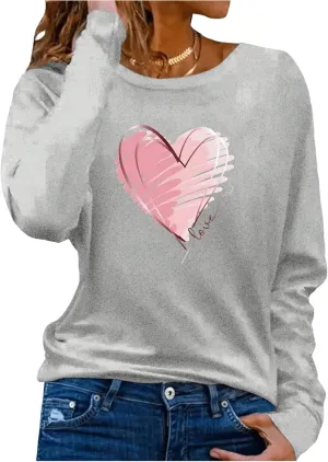 Women's Long Sleeve T Shirt Heart Print Crewneck Drop Shoulder Pullover Tops Vintage Tees