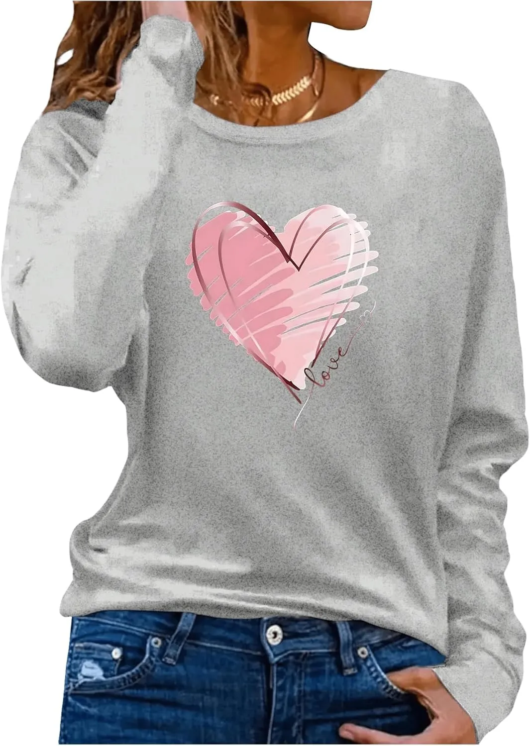 Women's Long Sleeve T Shirt Heart Print Crewneck Drop Shoulder Pullover Tops Vintage Tees