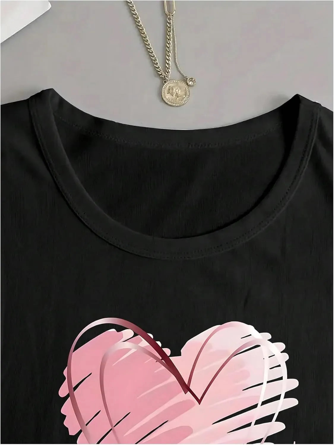 Women's Long Sleeve T Shirt Heart Print Crewneck Drop Shoulder Pullover Tops Vintage Tees