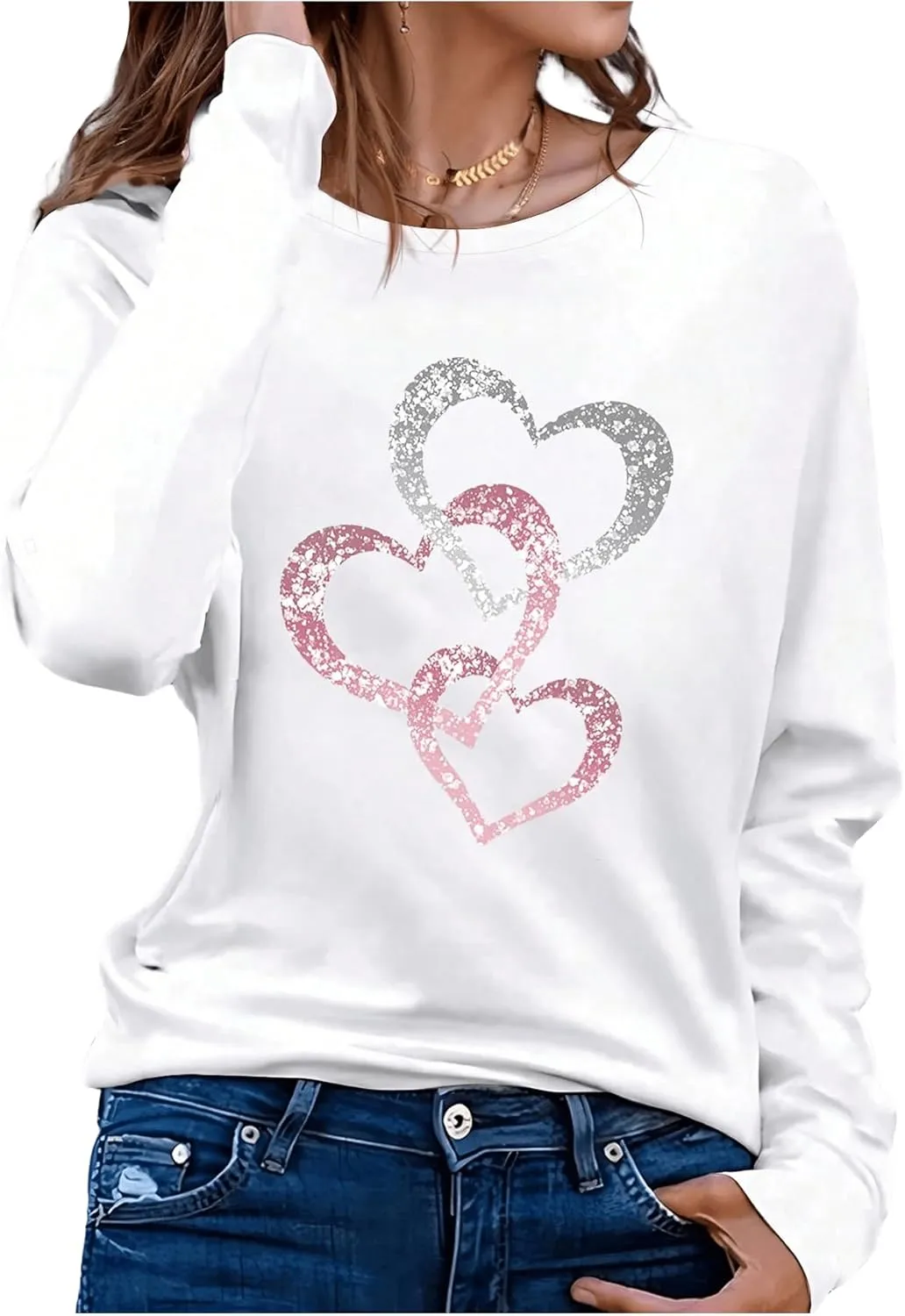 Women's Long Sleeve T Shirt Heart Print Crewneck Drop Shoulder Pullover Tops Vintage Tees