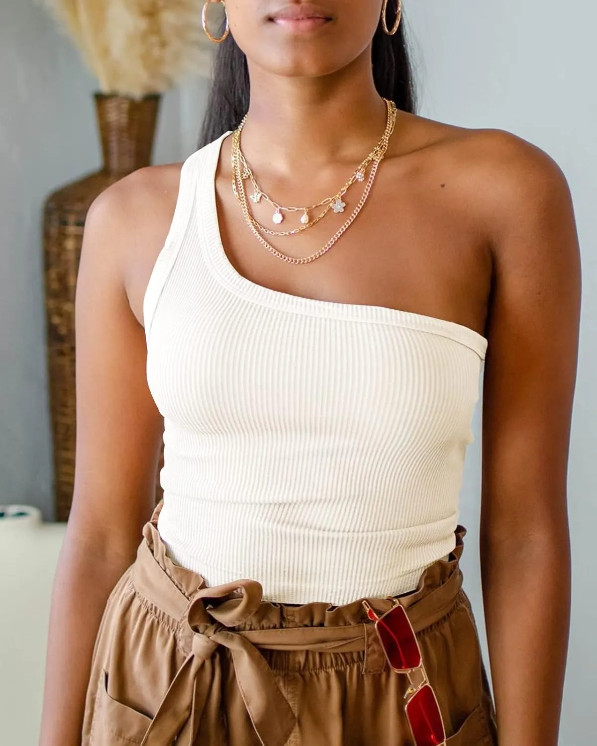 Womens One Shoulder Tops Summer Sleeveless Ribbed Tank Top Casual Slim Basic Tees