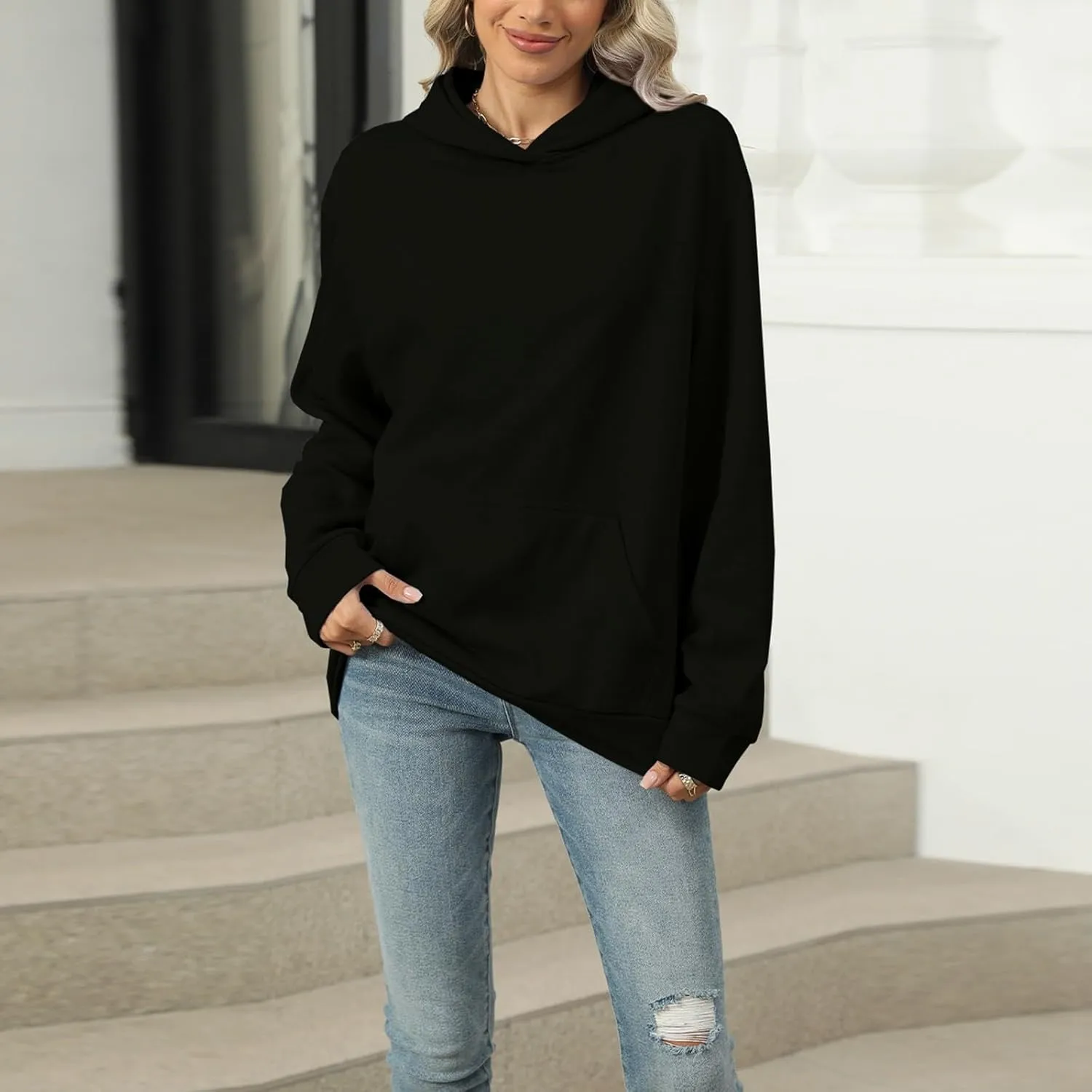 Womens Oversized Hoodies 2024 Fashion Basic Sweatshirts Drawstring Tops Hooded Pullover Tops Outfits with Pocket
