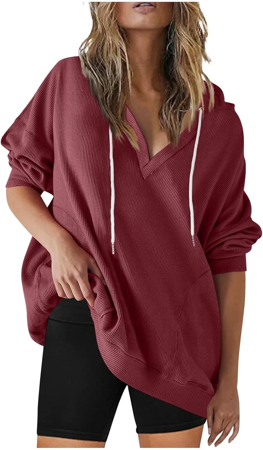 Womens Oversized Sweatshirt V Neck Hoodies Casual Drawstring Hooded Pullover Top Waffle Long Sleeve Workout Tops
