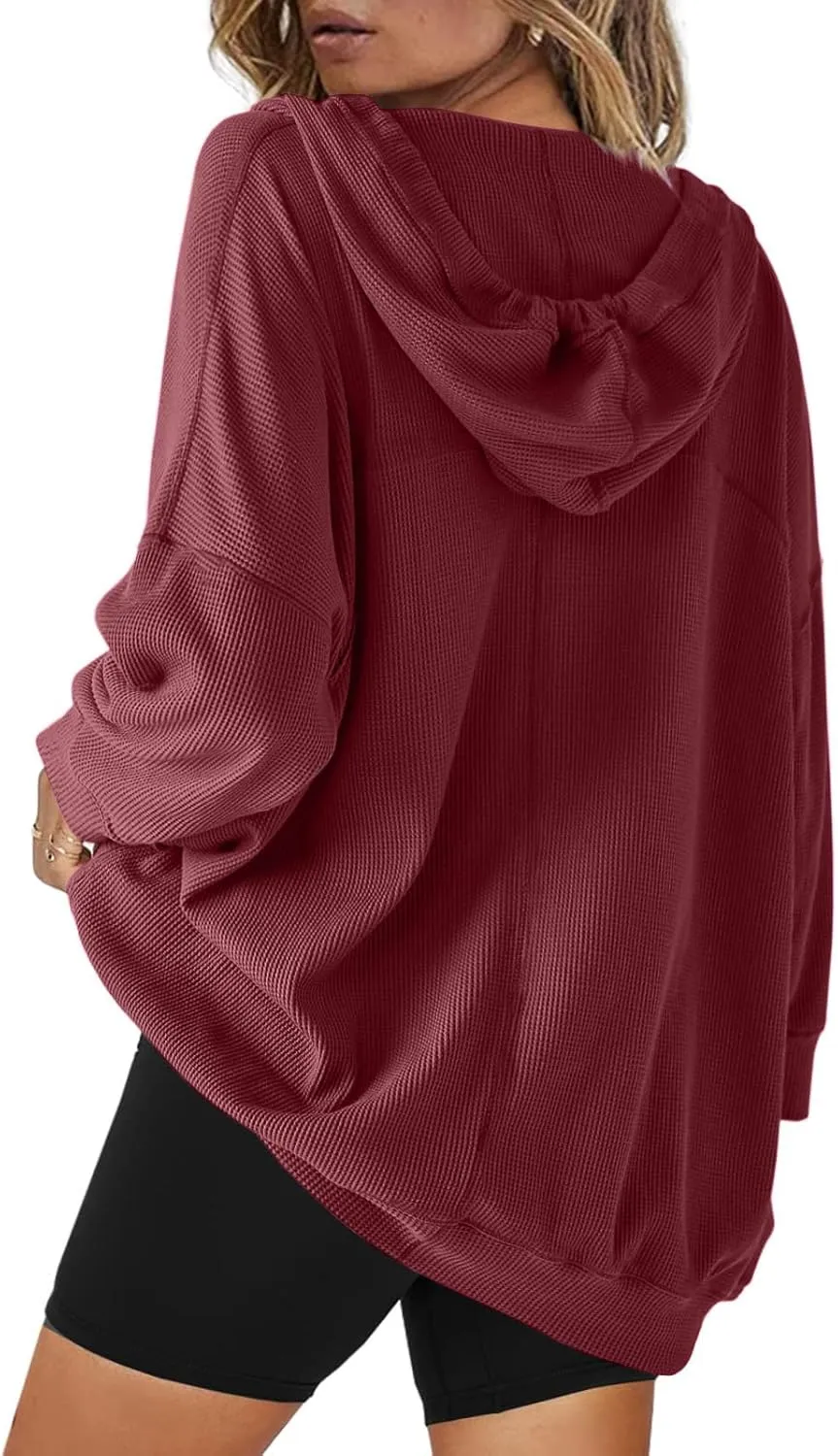 Womens Oversized Sweatshirt V Neck Hoodies Casual Drawstring Hooded Pullover Top Waffle Long Sleeve Workout Tops