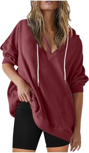 Womens Oversized Sweatshirt V Neck Hoodies Casual Drawstring Hooded Pullover Top Waffle Long Sleeve Workout Tops