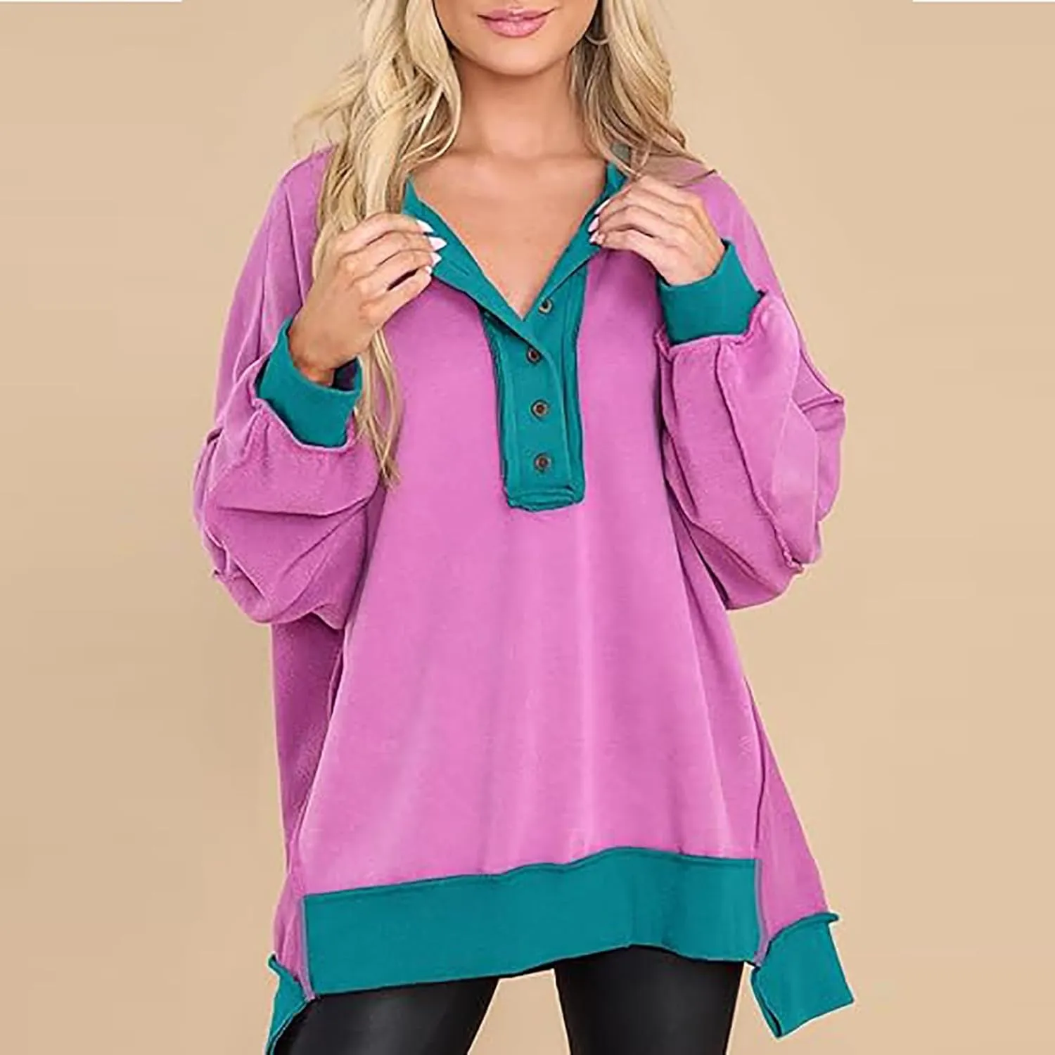 Womens Oversized Sweatshirts 2024 Fashion Fall Hoodies Long Sleeve V Neck Button Down Pullover Loose Fit Tops