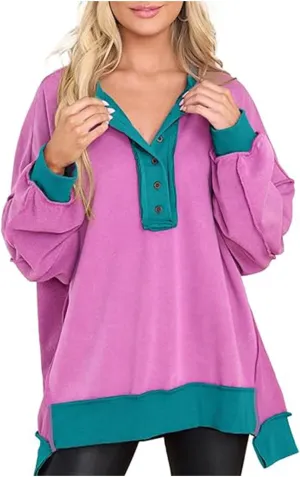 Womens Oversized Sweatshirts 2024 Fashion Fall Hoodies Long Sleeve V Neck Button Down Pullover Loose Fit Tops