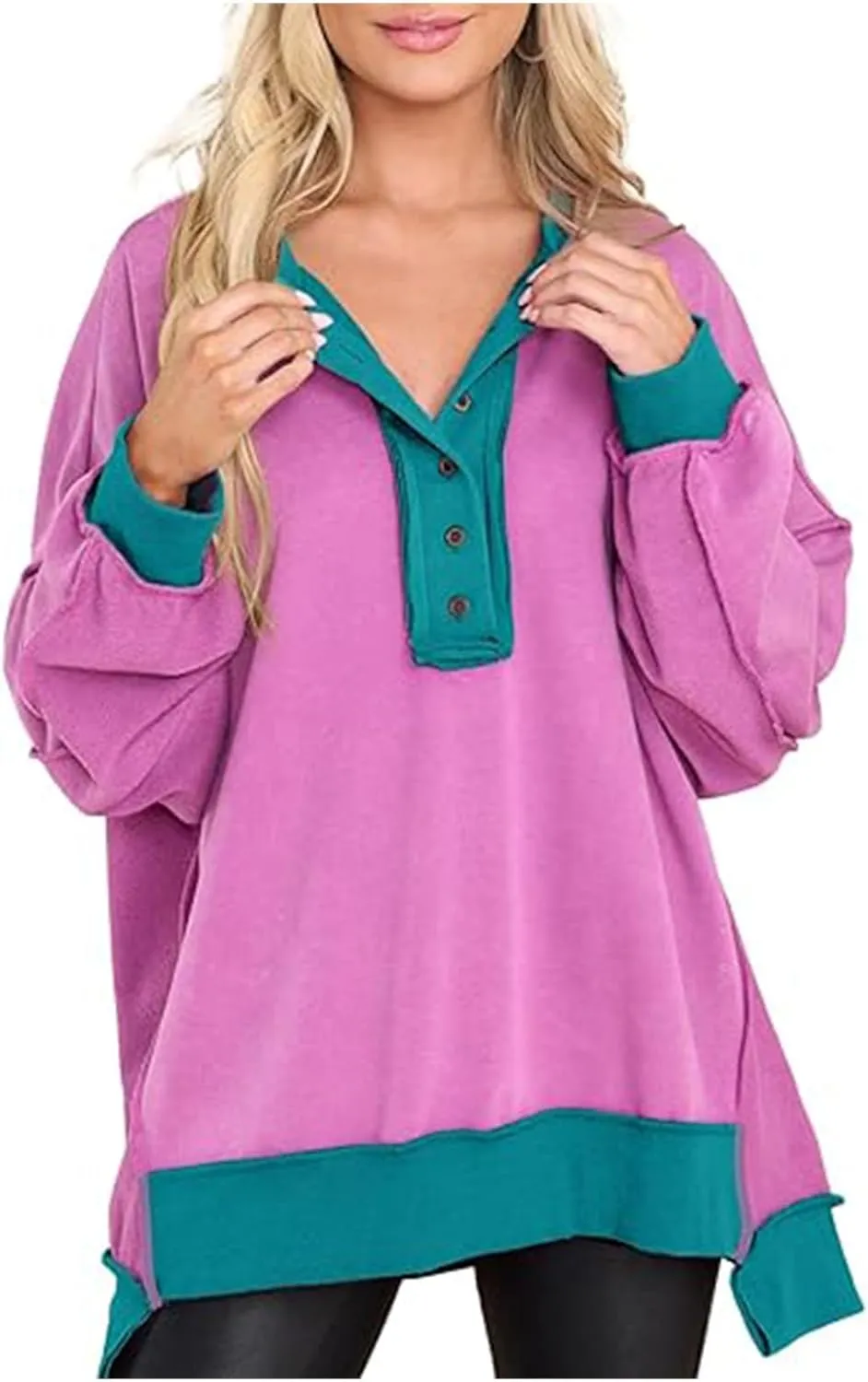 Womens Oversized Sweatshirts 2024 Fashion Fall Hoodies Long Sleeve V Neck Button Down Pullover Loose Fit Tops