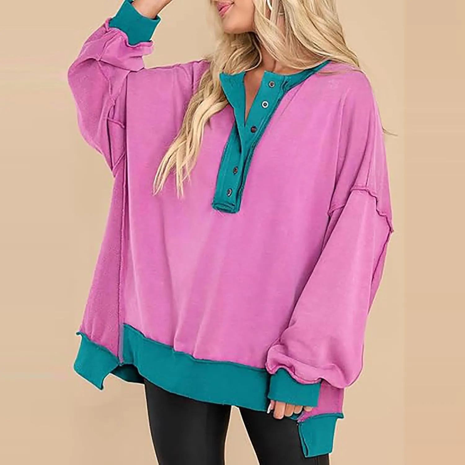 Womens Oversized Sweatshirts 2024 Fashion Fall Hoodies Long Sleeve V Neck Button Down Pullover Loose Fit Tops