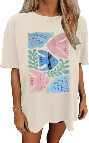 Womens Oversized Tshirt Graphic Tees Summer Casual Short Sleeves Tops Beach Vacation Clothes